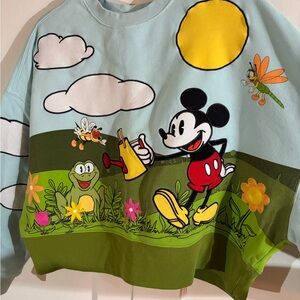 Disney Light Blue & Green Mickey Mouse Garden Watering Graphic Sweatshirt